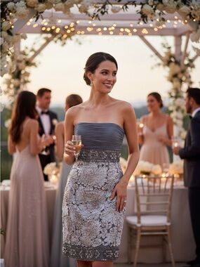 Sue Wong Nocturne Strapless Beaded Dress Pewter Silver Cocktail Size 2